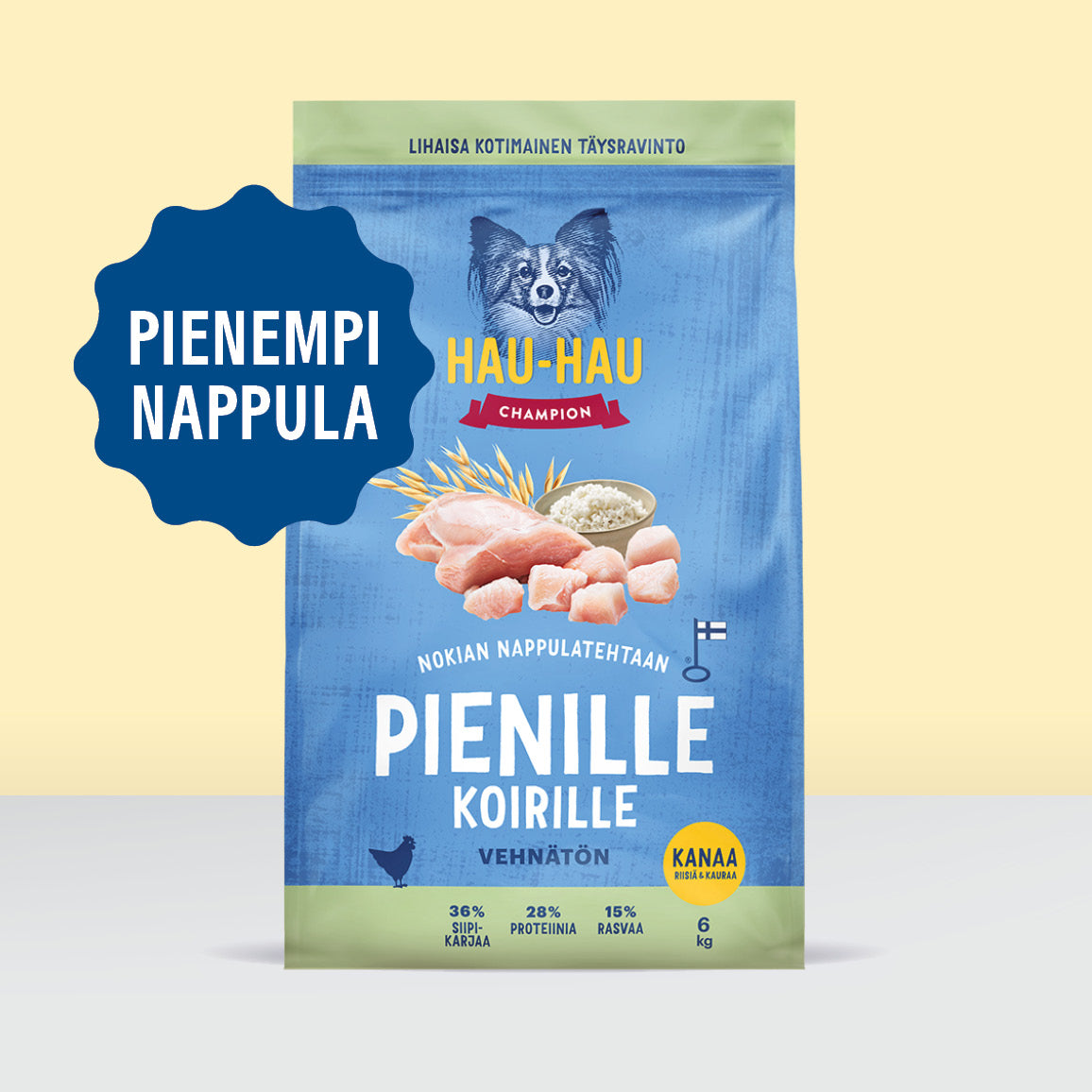 Nokian Nappulatehtaan pienille koirille suunniteltu pienempi nappulakoko nostokuvassa