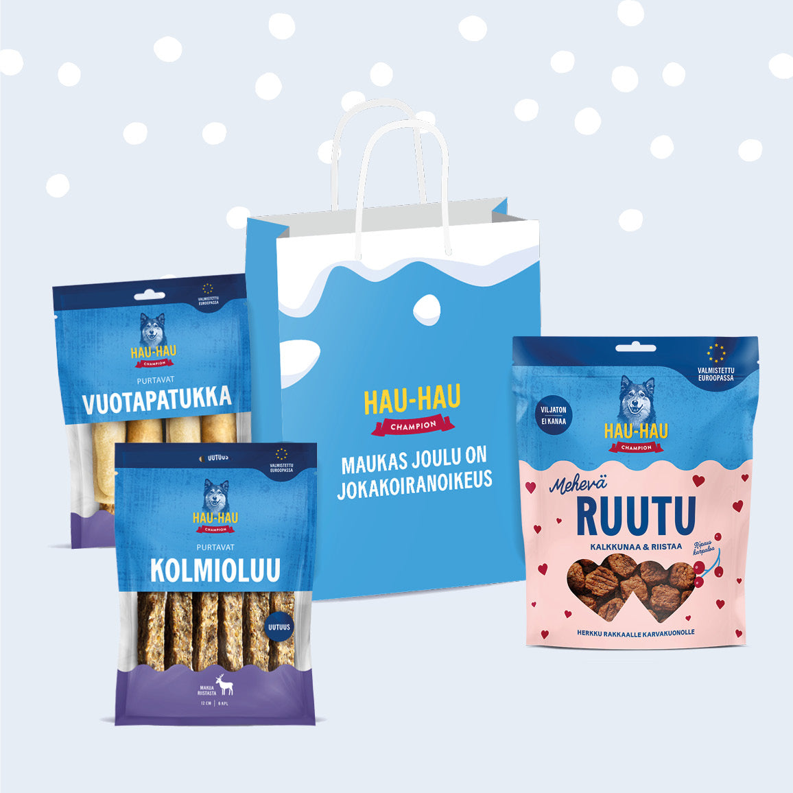 Tuotekuva, jossa on Mehevä Ruutu Kalkkunaa ja riistaa, Purtavat Kolmioluu Riista, Purtavat Vuotapatukka Riista sekä jouluinen paperikassi.