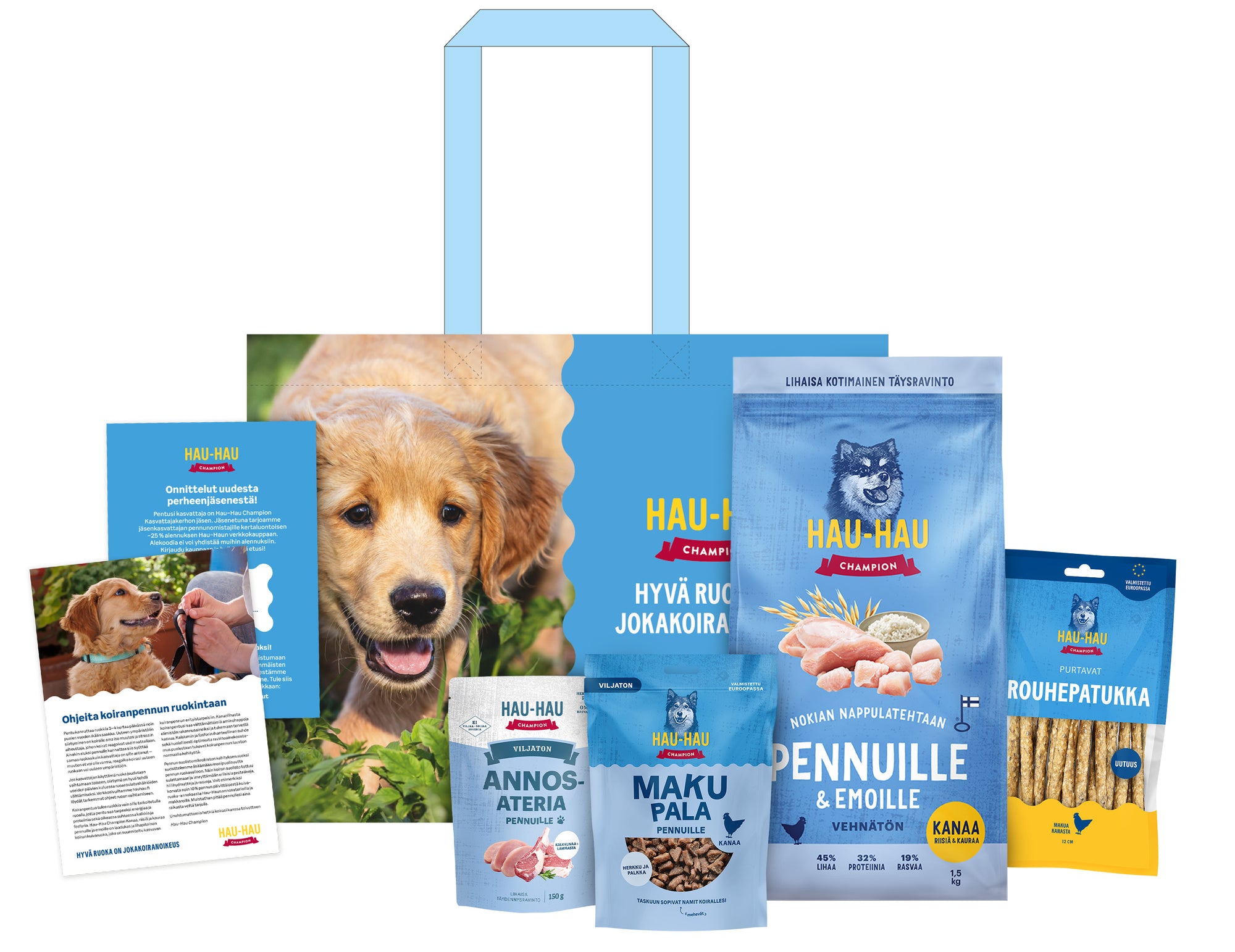 Tuotekuva Hau-Haun pentupaketista, joka sisältää tuotteita pennulle.