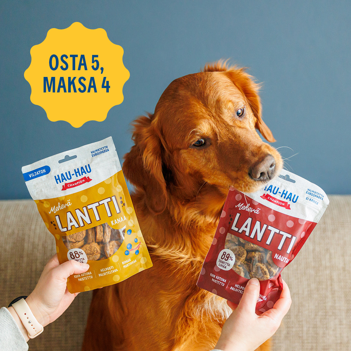 Kuvituskuva, jossa noutaja pitää yhtä Mehevä-herkkupussia suussa ja kuvassa mainitaan osta 5, maksa 4 -tarjous.