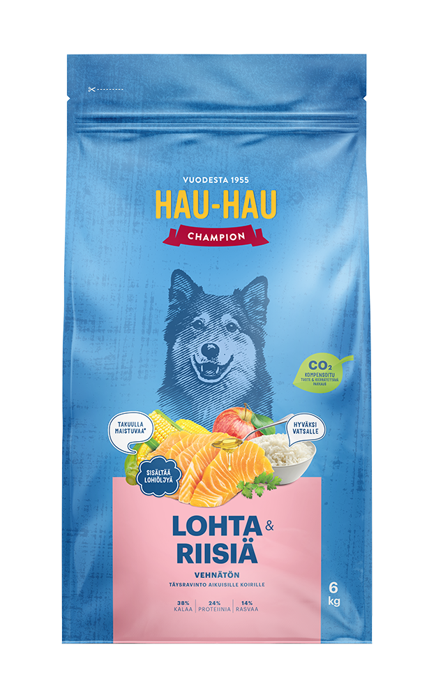 Lohi-riisi koiran kuivaruoka täysravinto Hau-Hau Champion